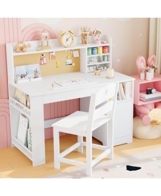 Kids Study Desk and Chair Set with Storage, Tiltable Desktop, Hutch and Cabinet for Ages 3-8, Bedroom Writing Table