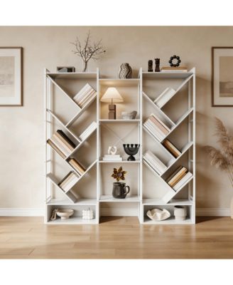 Tree-Shaped 3-Tier Wide Bookshelf, Industrial Steel Frame 20 Open Shelf Storage Rack with Adjustable Feet, Home Office Display Organizer