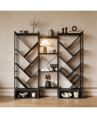 Tree-Shaped 3-Tier Wide Bookshelf, Industrial Steel Frame 20 Open Shelf Storage Rack with Adjustable Feet, Home Office Display Organizer