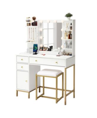 Vanity Desk with LED Mirror, 3 Color Modes, Charging Station, Chair, and Storage, for Bedroom or Dressing Room