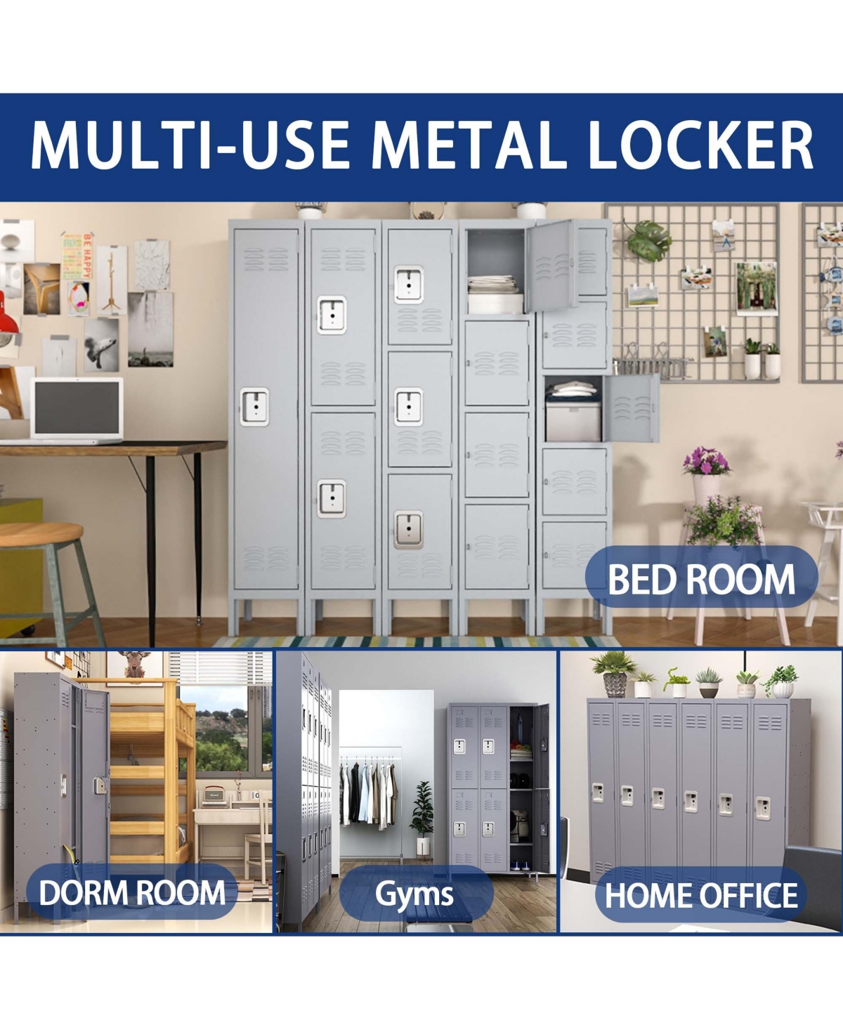 Boyel Living 3 Door 72"H Metal Lockers With Lock for Employees, Storage Locker Cabinet for Home Gym Office School Garage, Gray