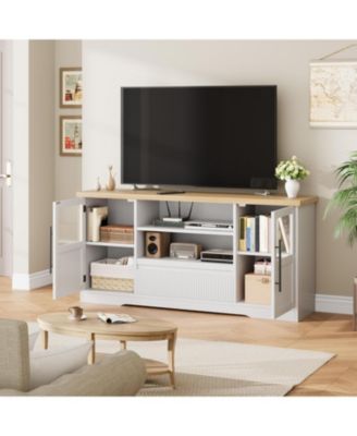Farmhouse TV Stand for  TVs, Wave-Pattern Console with Glass Cabinets and Open Shelves