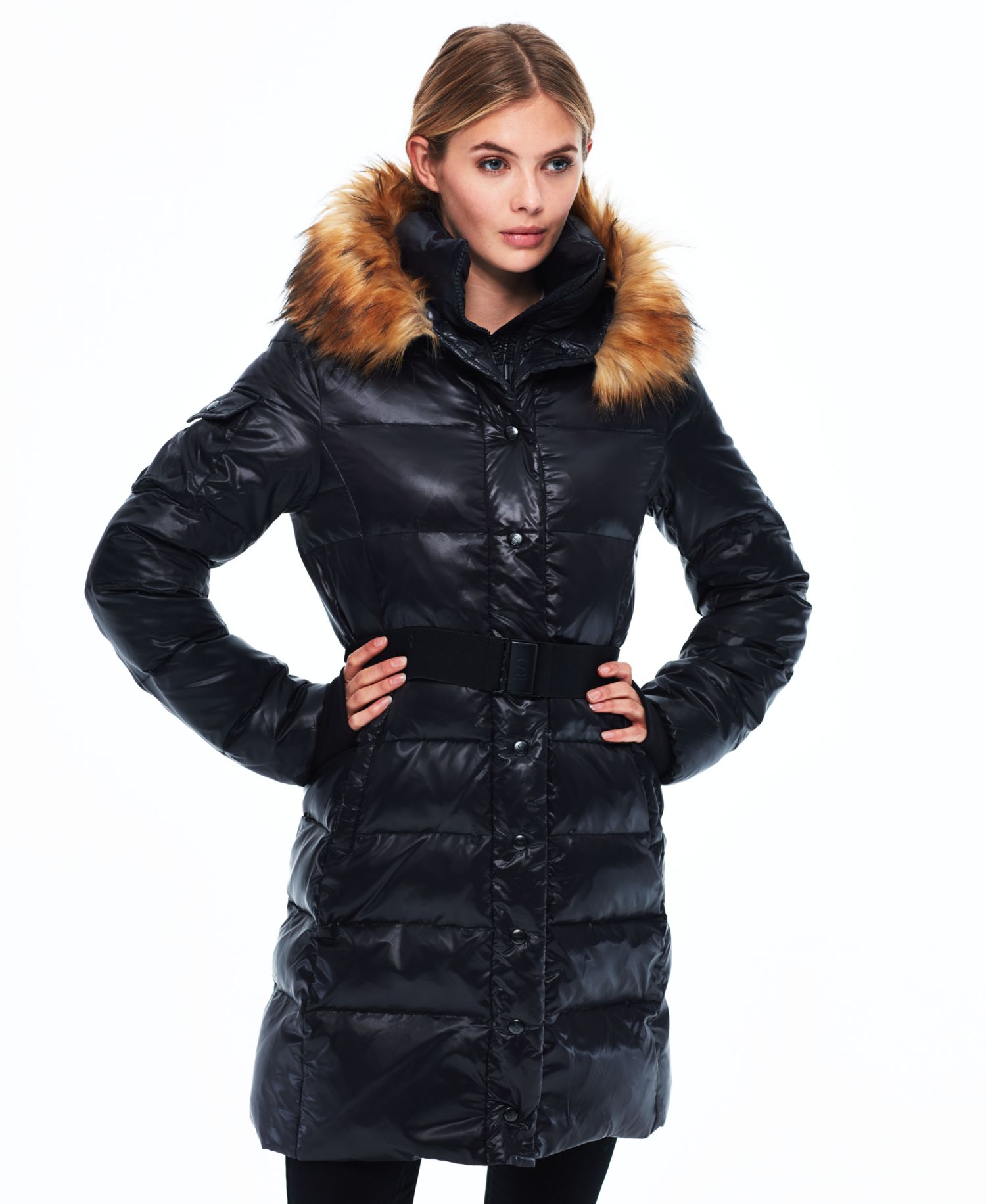 Women's Faux-Fur Hooded Belted Shine Puffer Coat