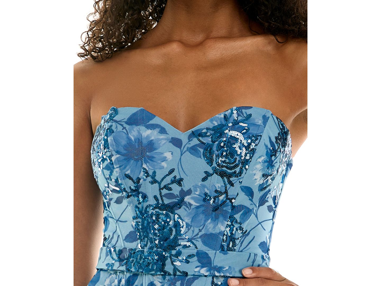 Женское платье SENI & CADE Juniors' Sweetheart Neckline Printed Floral Sequins Corset Mini, цвет: Океанский / Тёмно-синий — фото 4