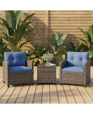 Outdoor Wicker Patio Set with High-Back Chairs, Washable Cushions and Tempered Glass Side Table for Porch or Balcony