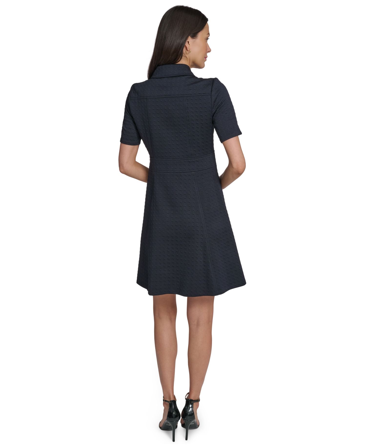 Women's Short-Sleeve Textured Knit Front Zipper Shift Dress