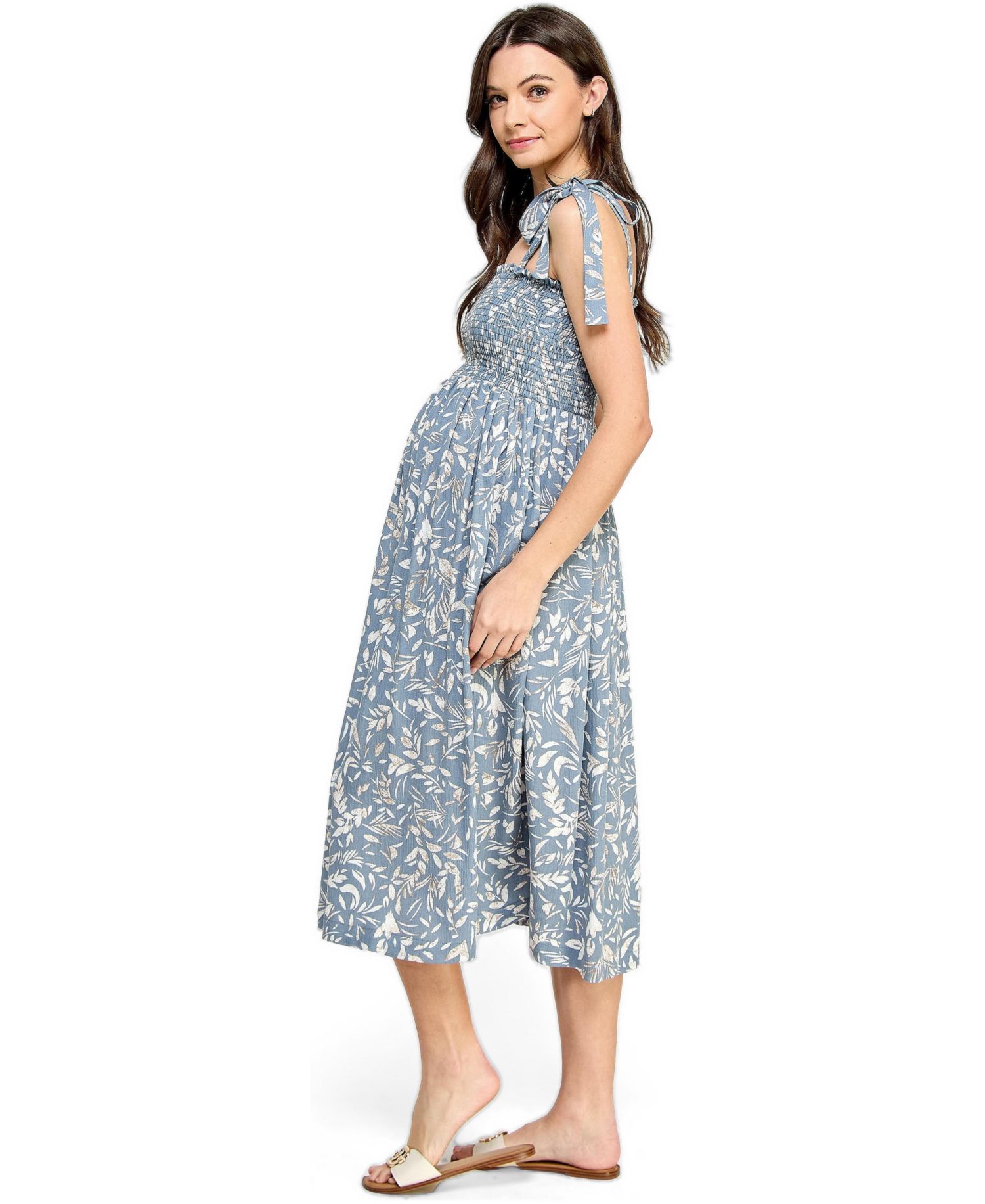 Women's Floral Smocked Sleeveless Tie-Shoulder Midi Dress