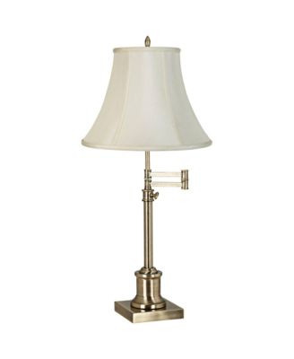 Traditional Swing Arm Desk Table Lamp Adjustable Height 36" Tall Antique Brass Imperial Fabric Bell Shade Living Room