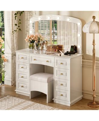 Luxurious Makeup Vanity with 10 Hollywood Bulbs Stool and 9 Drawers