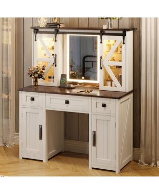 43.3'' Farmhouse Vanity Desk with Lighted Mirror Charging Station and Storage