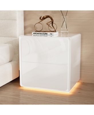 Modern Nightstand with Storage - 20-Inch Glossy MDF Bedside Table with LED Light Strip | Minimalist Nightstand for Bedroom