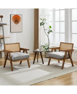 Set of 2 Mid-Century Accent Chairs, Wood with Rattan Backrest, Linen Cushion, for Living Room or Bedroom, Easy Assembly