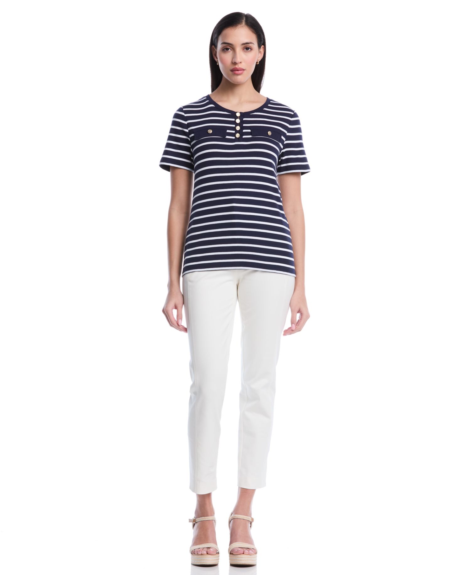 Petite Striped Welt Pocket Short-Sleeve Top