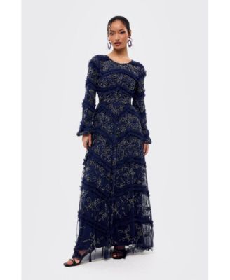 Women's Modest Embellished Sequins Ruffle Maxi Dress