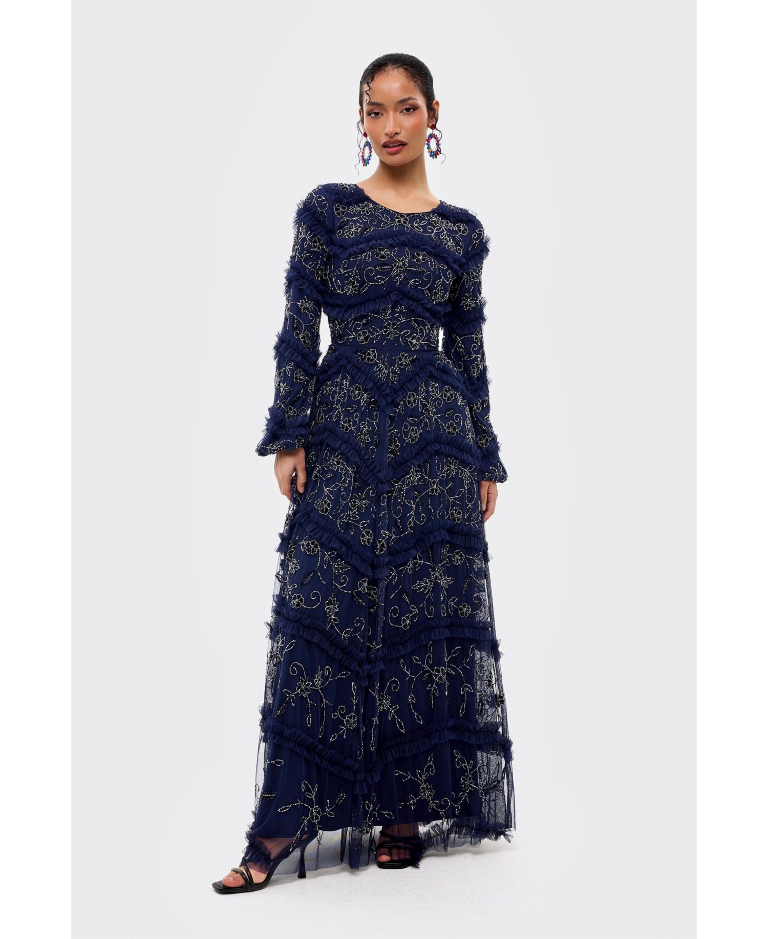 Women's Modest Embellished Sequins Ruffle Maxi Dress