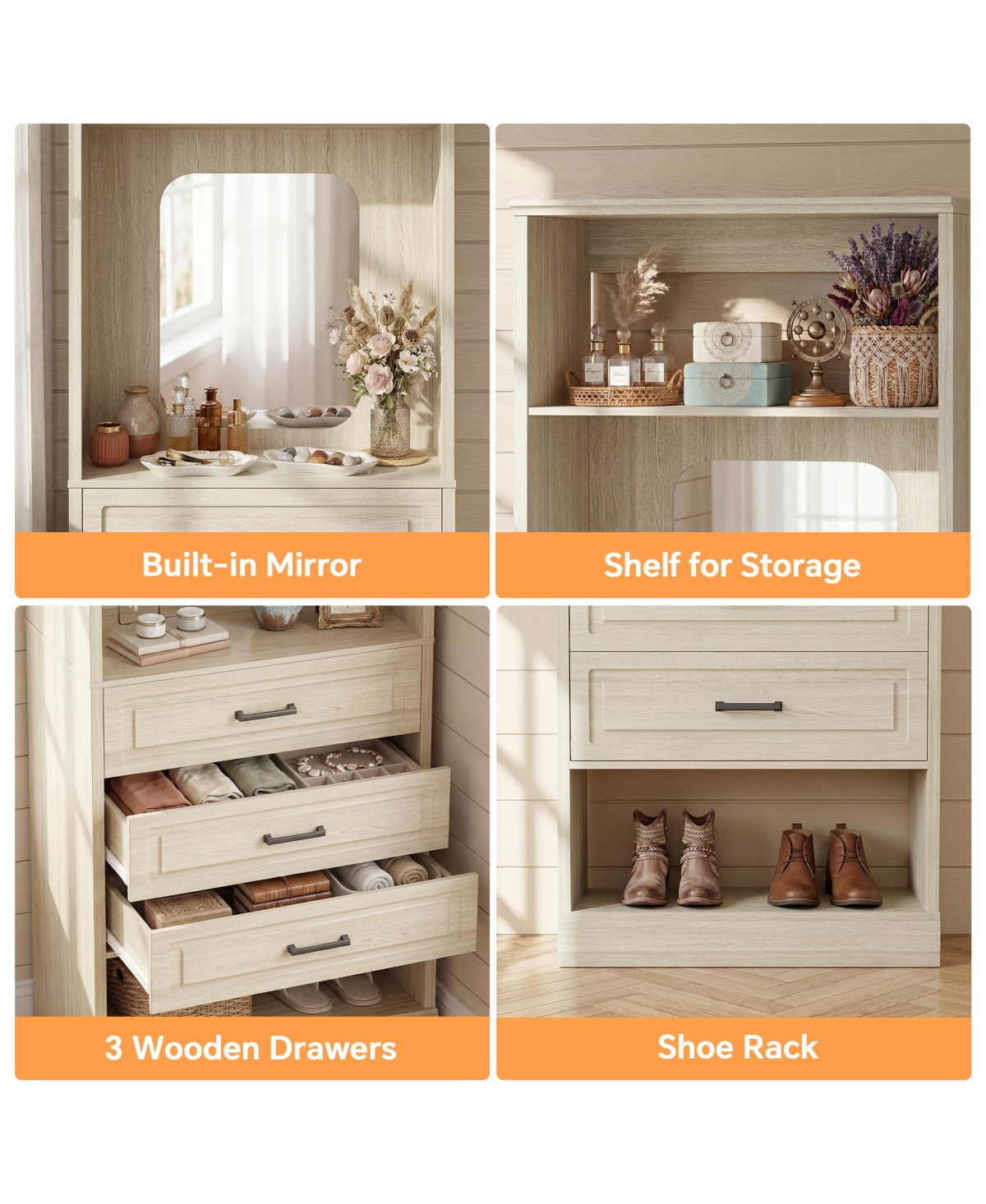 Aheaplus Wooden Closet Organizer with 3 Storage Drawers and Mirror