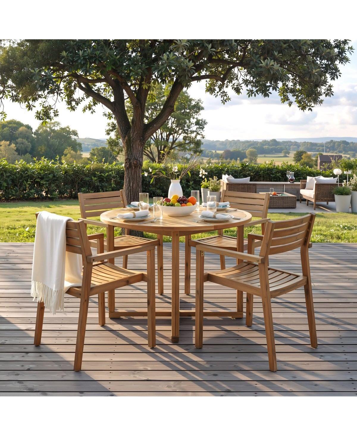Asagikoiai 5-Piece Acacia Wood Outdoor Dining Set, 47.2" Round Patio Table with 4 Chairs