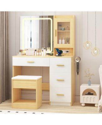 Modern Vanity Desk with Mirror and LED Lights 3-Color Adjustable Lighting, 4 Drawers, Built-In Outlets, Bedroom Makeup Dressing Table