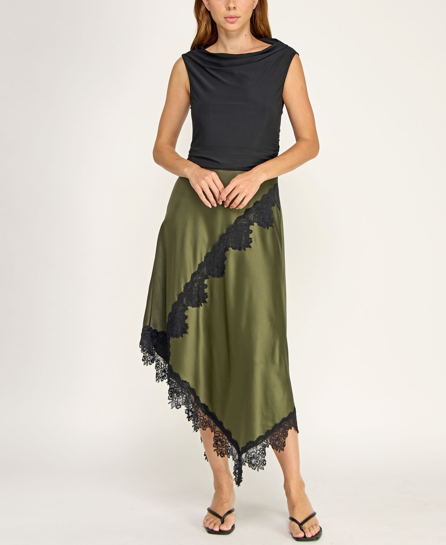 Juniors' Cowl Neck Assymetric Lace Trim Satin Skirt Midi Dress