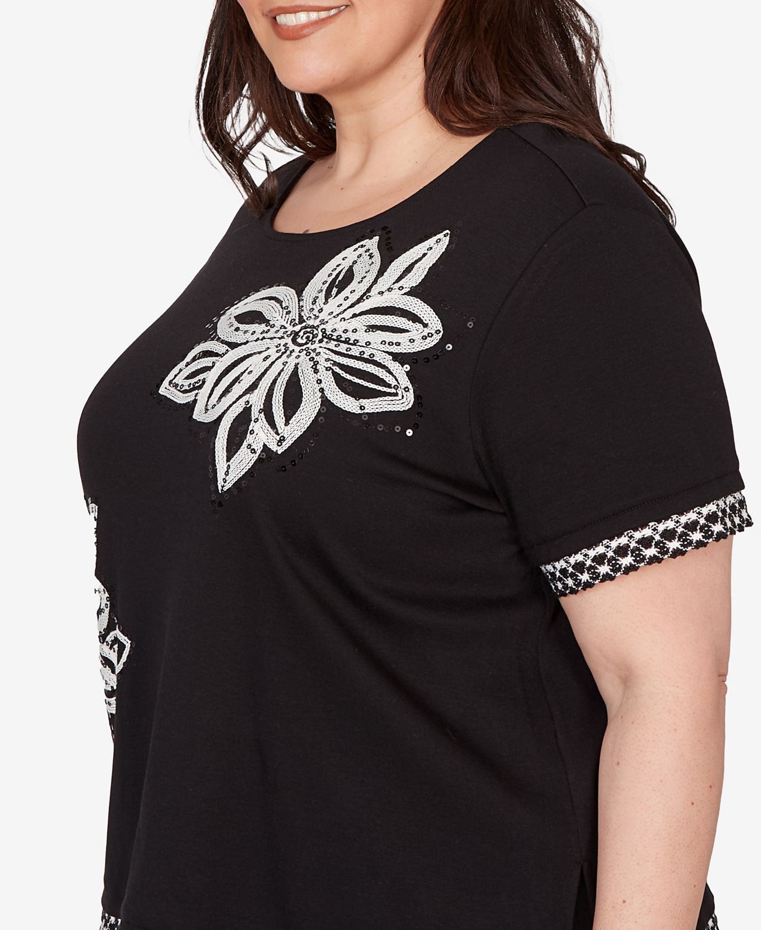 Plus Size Crowd Pleaser Flower Sequin Lace Border Top