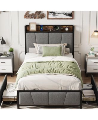 Upholstered Bed Frame with Storage Headboard, Charging Station, 2 Drawers, Metal Slat Support, No Box Spring Needed