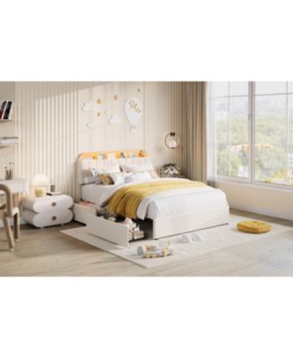 Bed Frame with 2 Flexible Drawers, Velvet Upholstered Platform Bed Frame with Bookcase Headboard and LED Lights, Easy Assembly, Noise Free