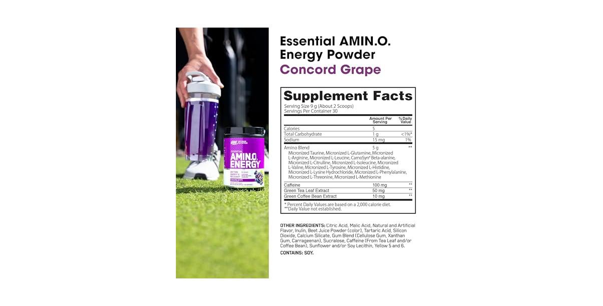 Optimum Nutrition Essential Amin.o. Energy 30 Servings, Blue Raspberry, 100mg Caffeine and 5g Amino Acids for Energy and Recovery