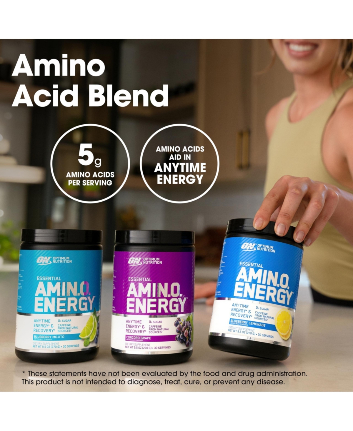 Optimum Nutrition Essential Amin.o. Energy 30 Servings, Blue Raspberry, 100mg Caffeine and 5g Amino Acids for Energy and Recovery