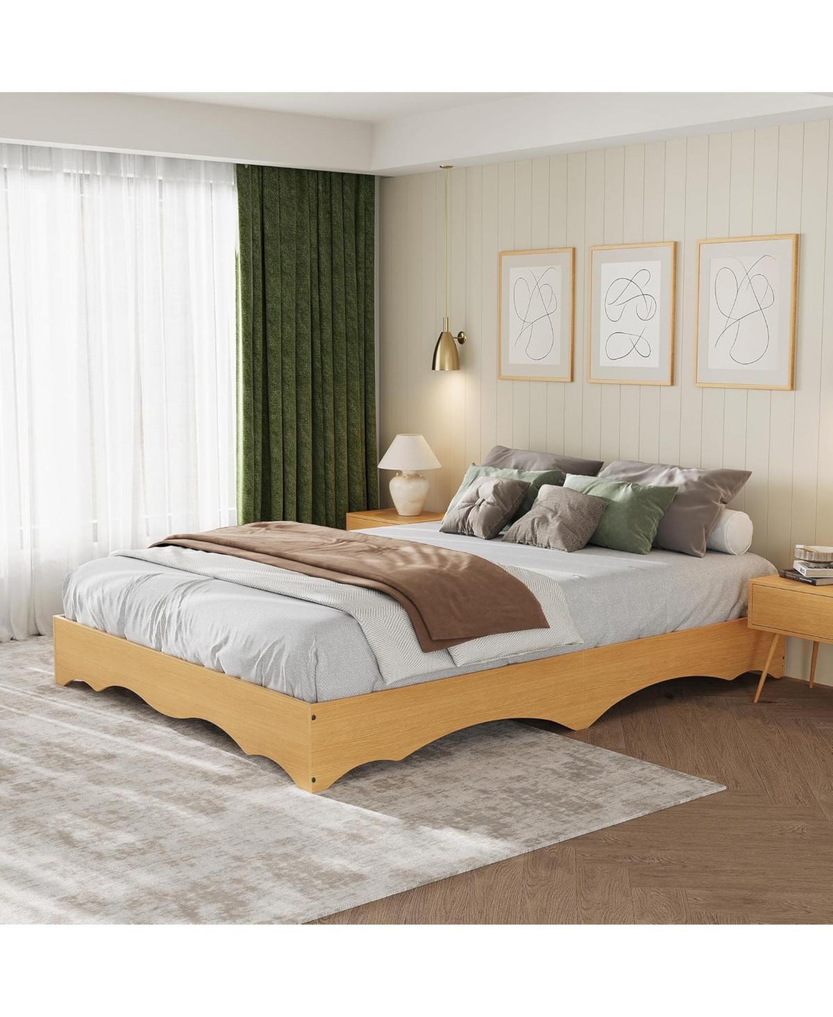 gaomon Wood Platform Bed Frame, Low Profile with Wavy Design, Minimalist Base Without Headboard, Noise-Free Support
