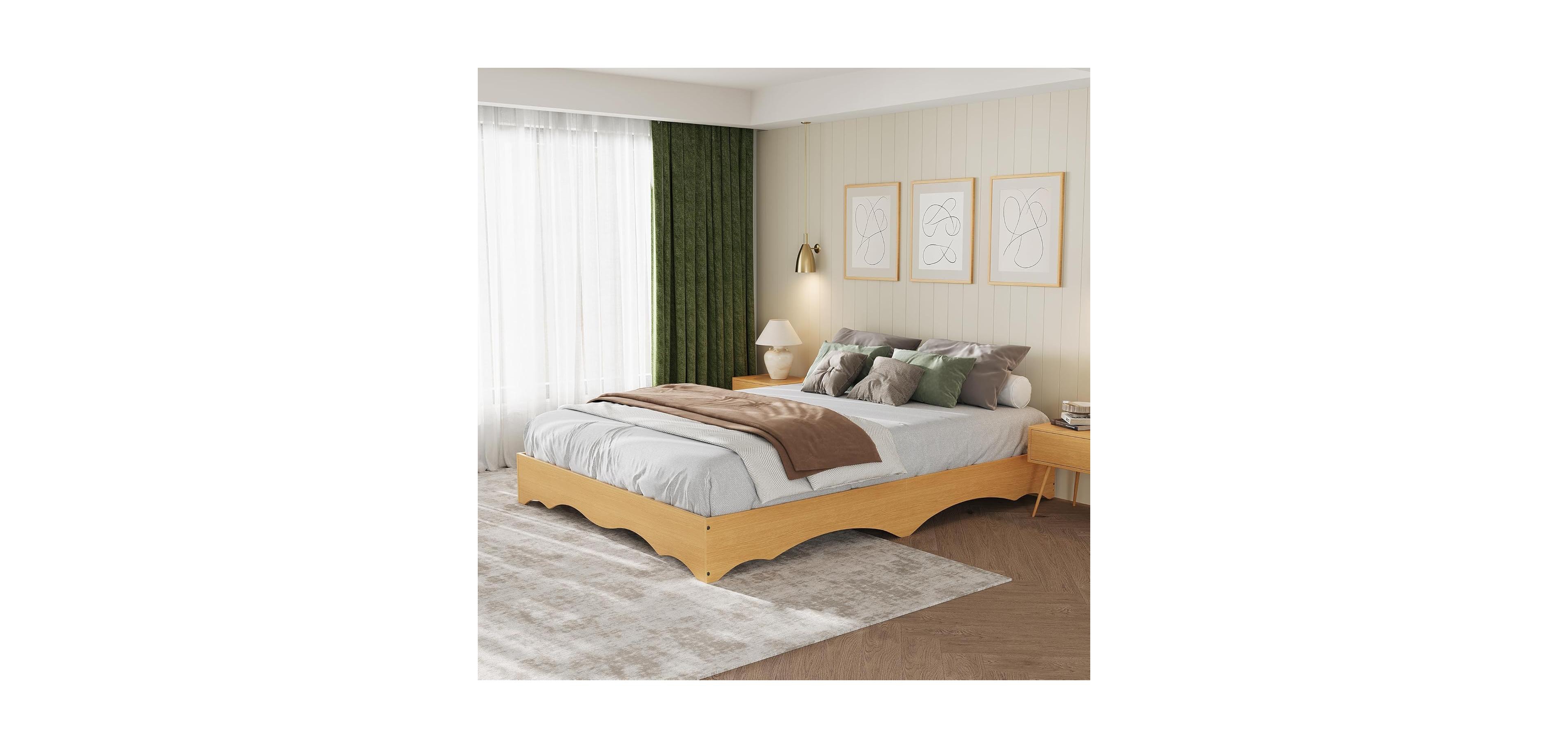 gaomon Wood Platform Bed Frame, Low Profile with Wavy Design, Minimalist Base Without Headboard, Noise-Free Support