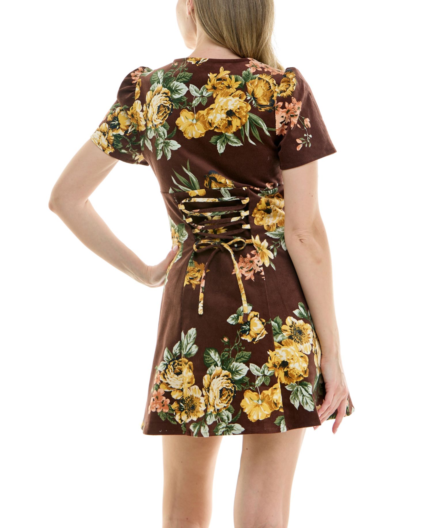 Juniors' Floral V-Neck Lace-Back Corduroy Mini Dress