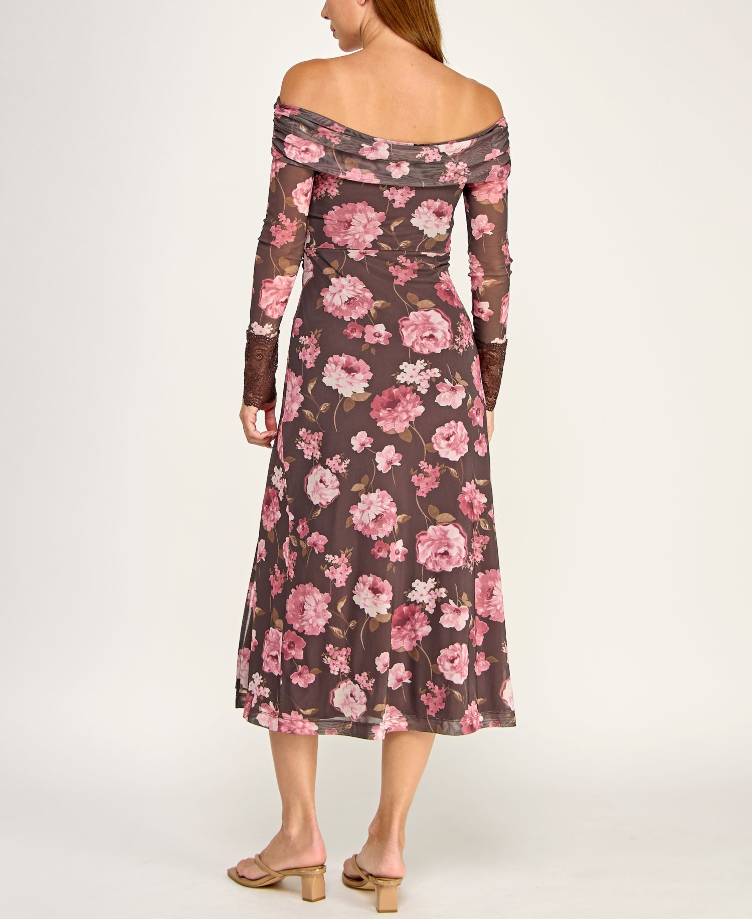 Juniors' Off-The-Shoulder Long-Sleeve Floral Printed Mesh Midi Dress
