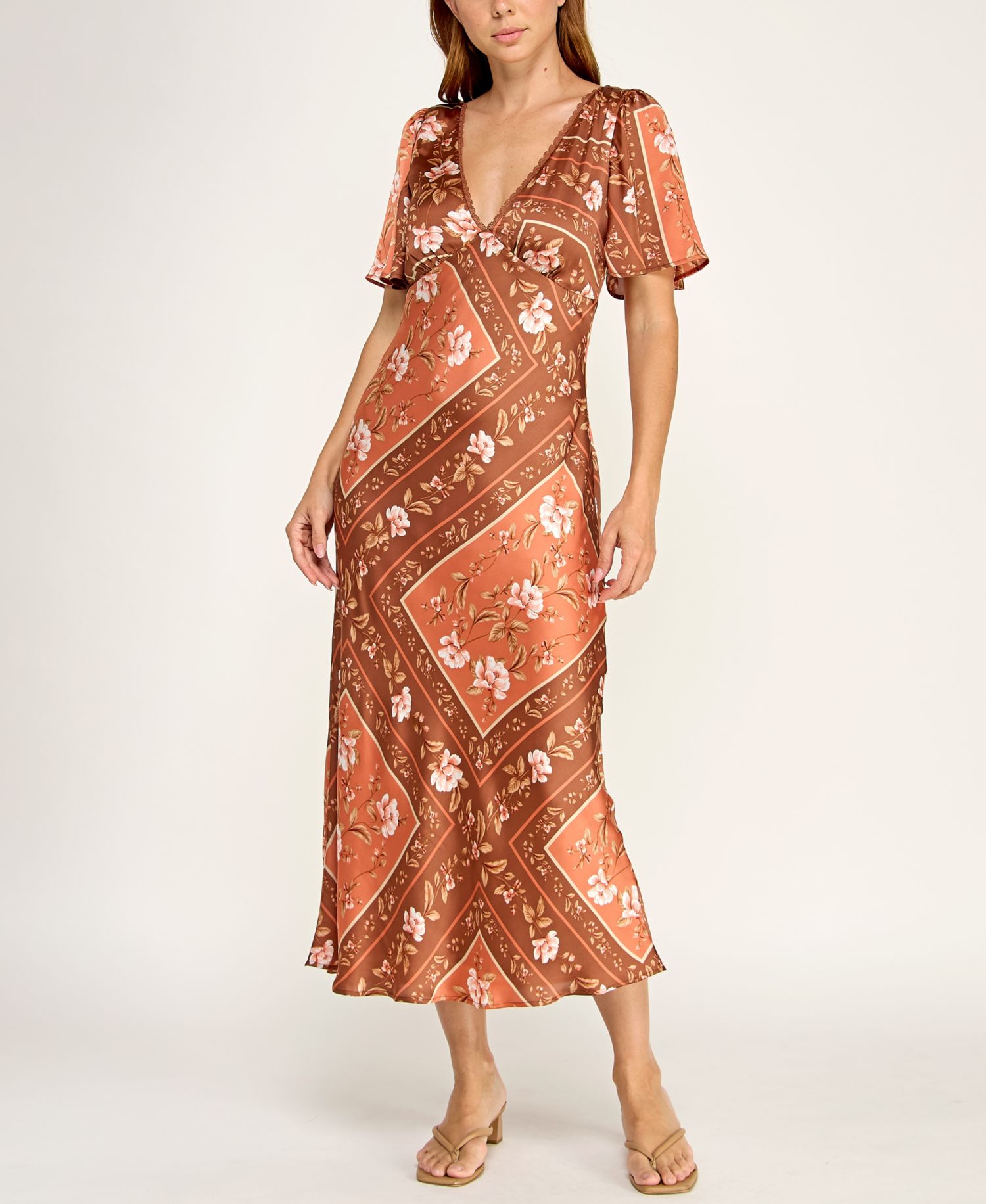 Juniors' Slim-Fit Floral Printed Satin Midi Dress