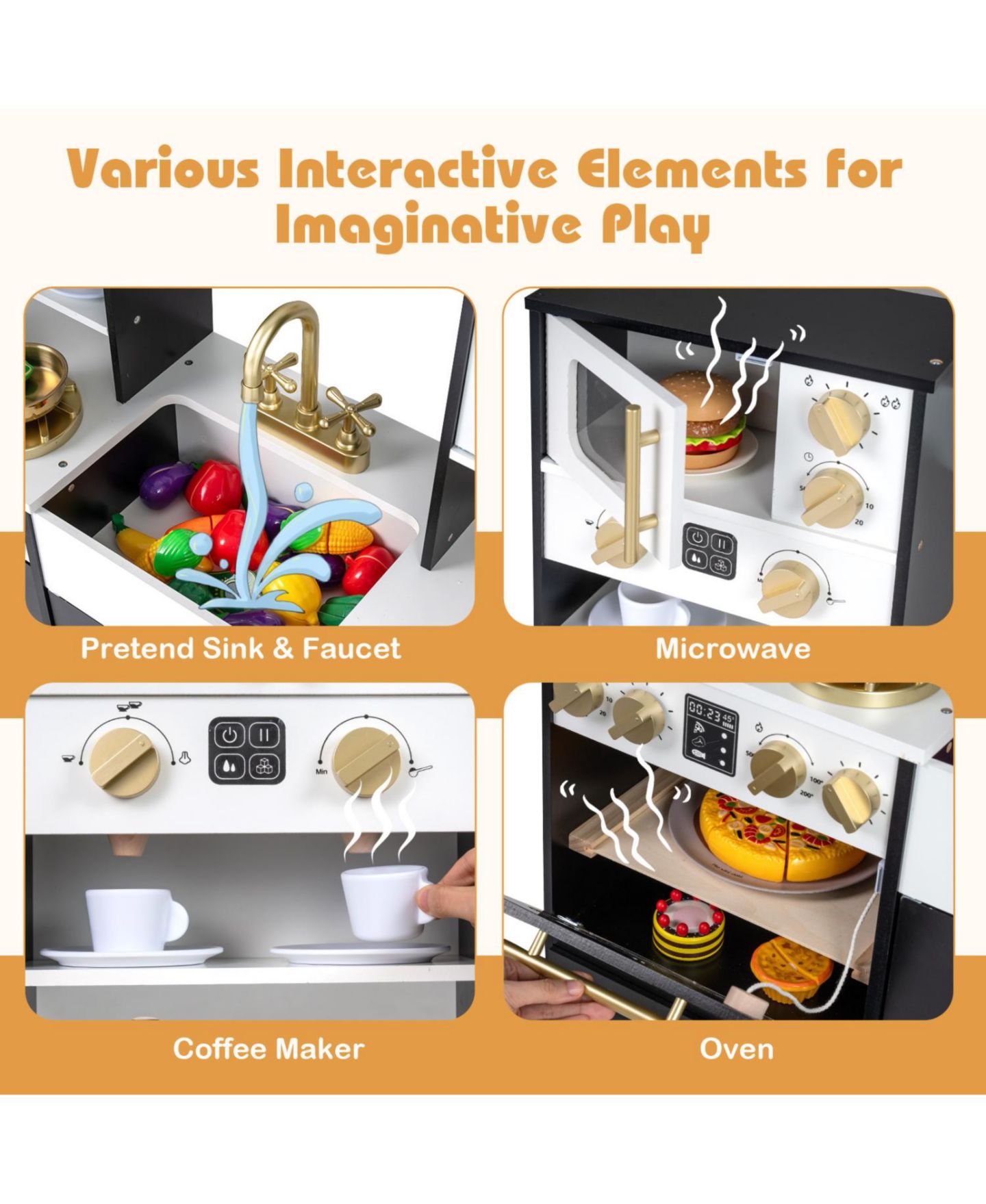 Детская игрушка Slickblue Wooden Play Kitchen With Lights and Sound Effects, Ages 3+, цвет: Чёрный — фото 6