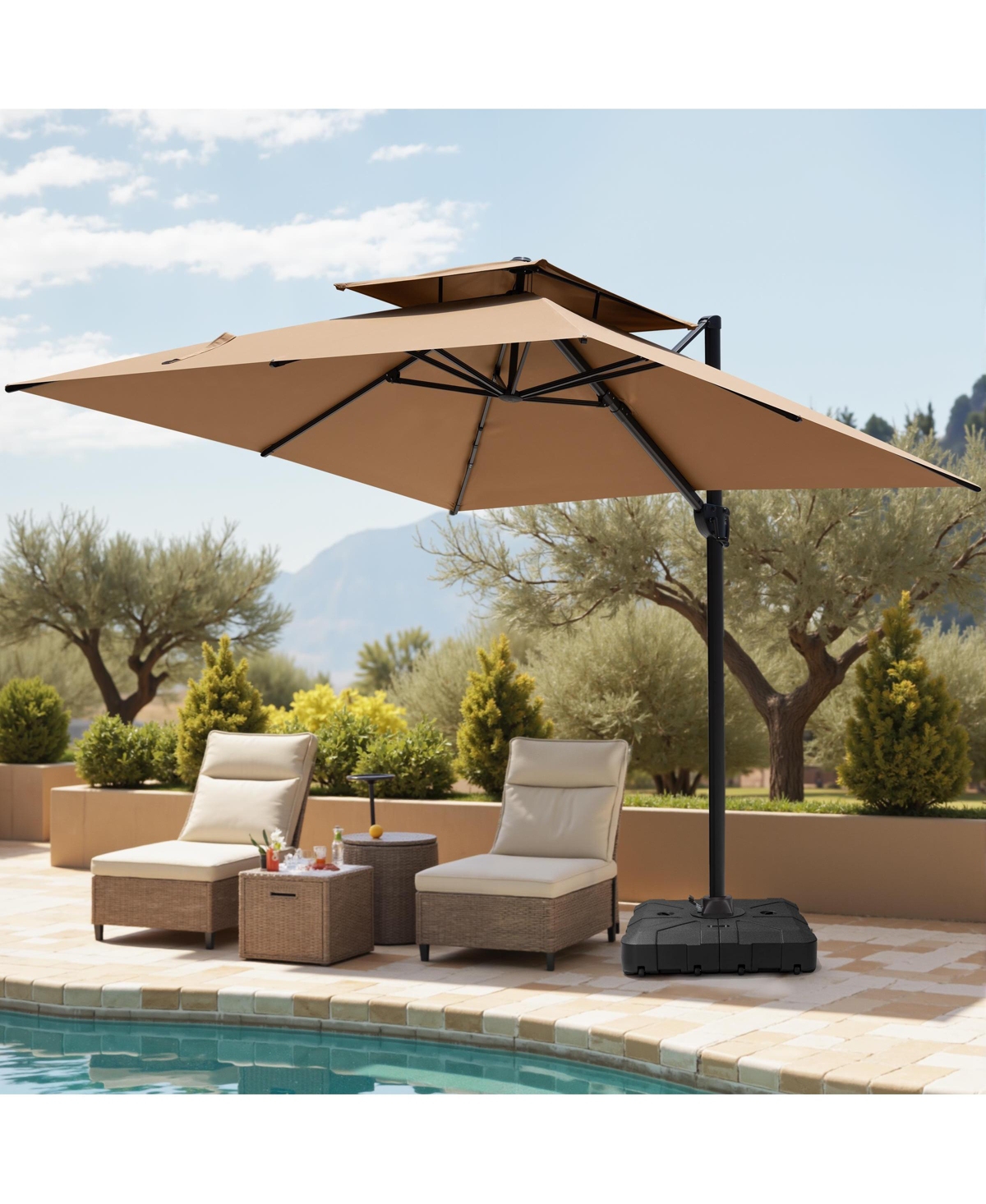 Pellebant Outdoor Patio Double Top 10x10Feet Square Aluminum Cantilever Umbrella with Wheel Base