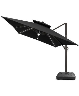 Outdoor Patio 10X13Feet Aluminum Double Canopy Solar Lights Cantilever Umbrella with Wheel Base
