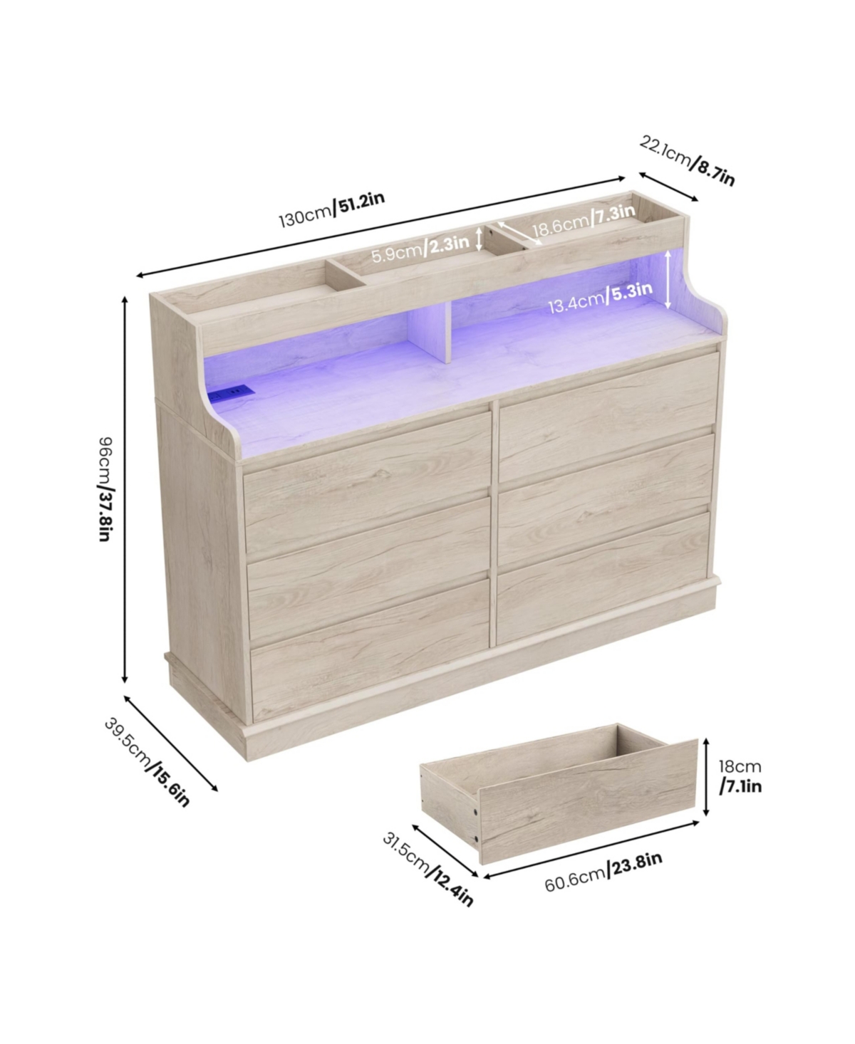 gaomon Dresser for Bedroom with 6 Drawers, Modern Chest Featuring Led Lights and Charging Station