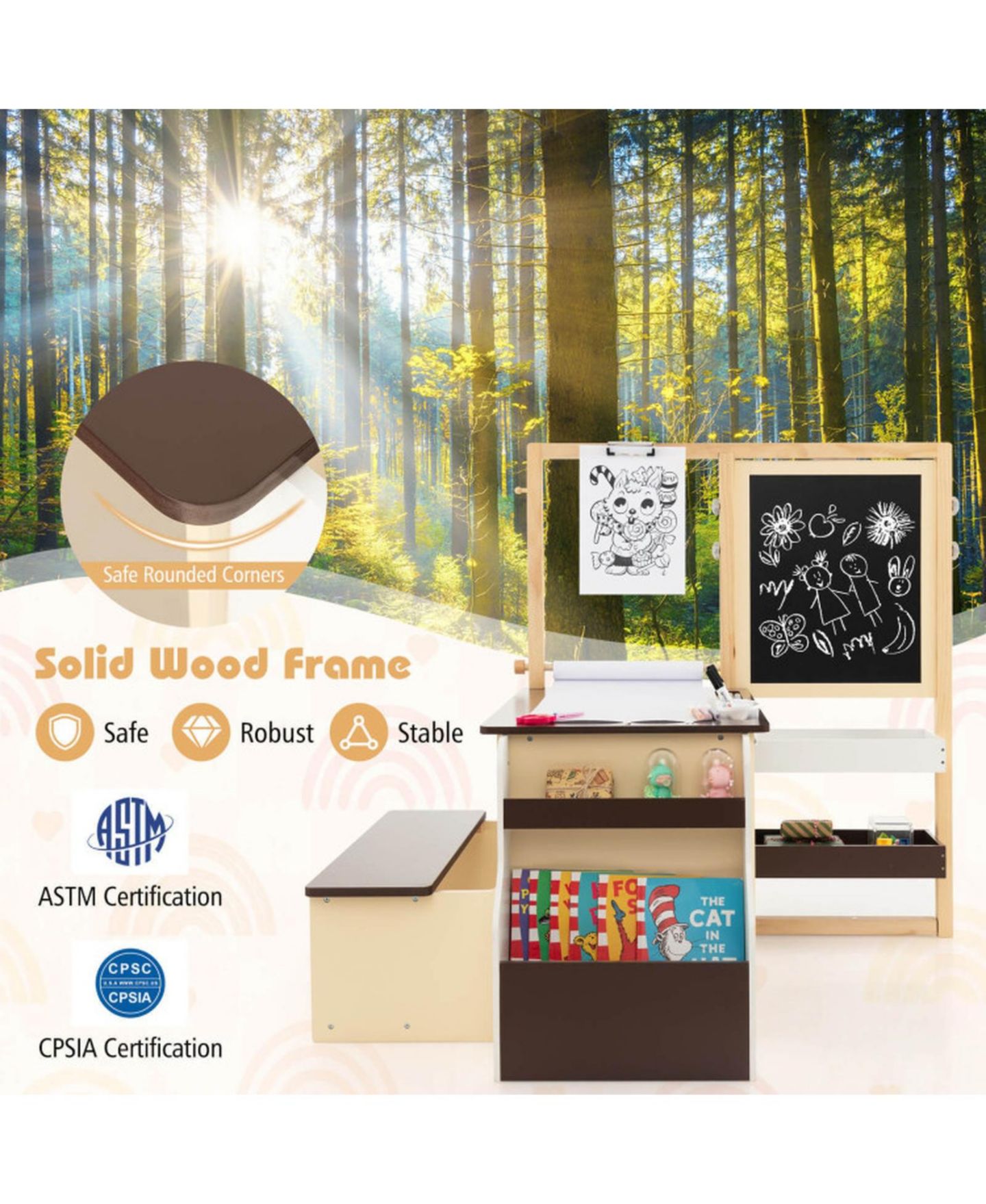 Детская игрушка GOUUN Double-Sided Adjustable Art Center with Easel and Storage Bench, Ages 3+, цвет: Коричневый — фото 11