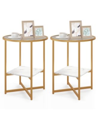 2-Tier Glass End Table Set of 2 Faux Marble Shelf Gold Frame