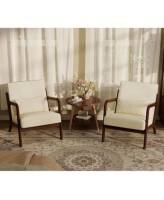 2-Piece Chenille Accent Chairs, Mid-Century Style, Sturdy Wooden Frame, Comfortable Reading Chair with Lumbar Pillow