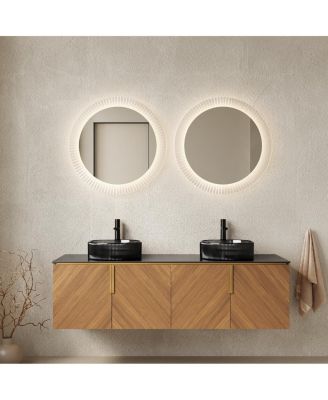 60 Inch Double Sink Bathroom Vanity, Sintered Stone Top, Double Glass Vessel Sink, Soft Close Large Storage