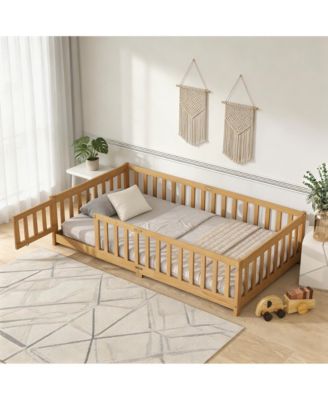 Twin Floor Bed with Fence and Door, Solid Rubber Wood Kids Platform Bed Frame