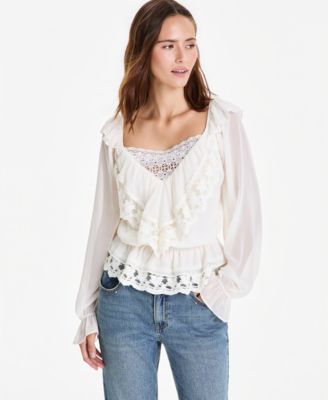 Women's Ruffle Long-Sleeve Lace-Trim Top