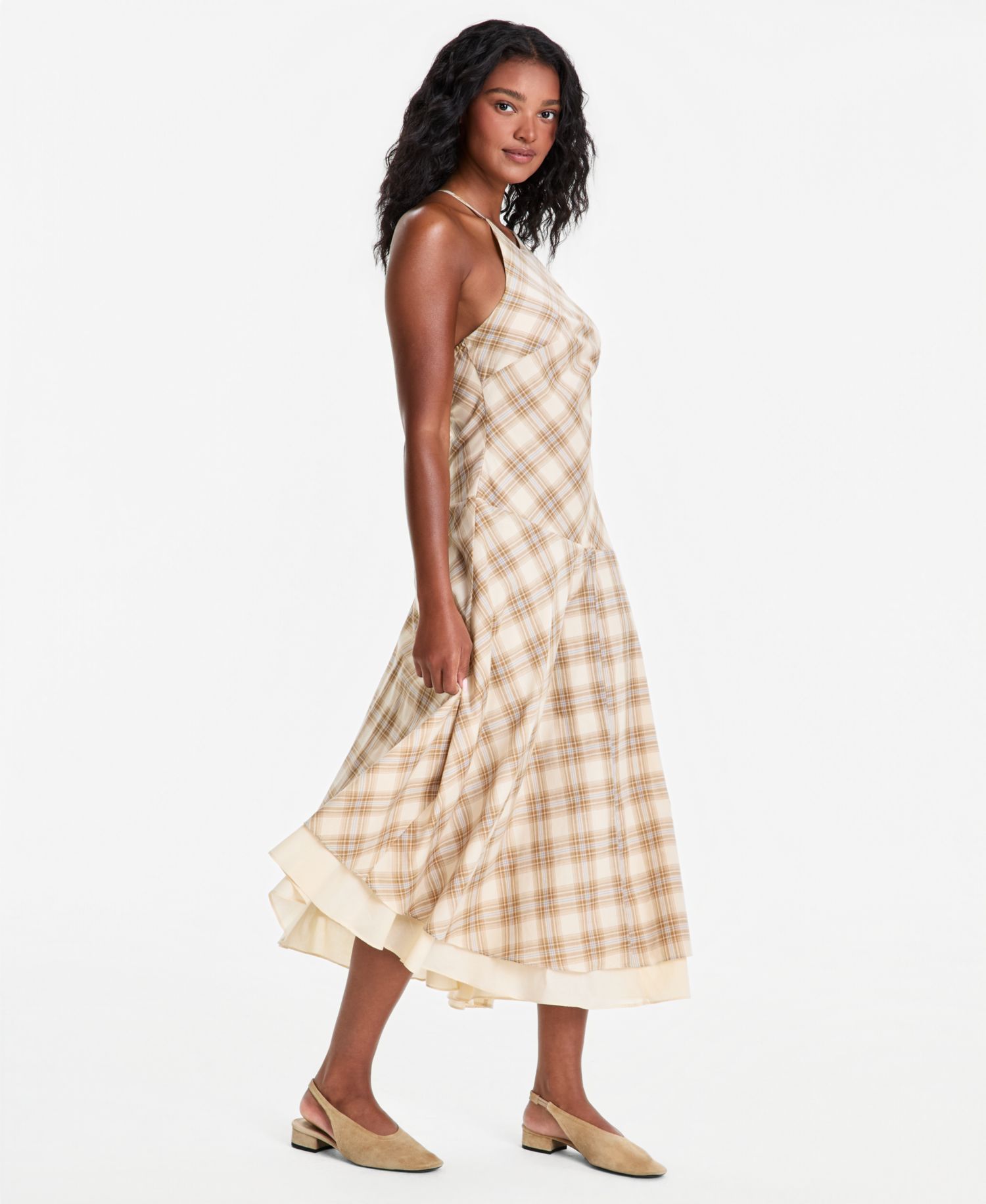 Plus size Cotton Plaid Cami-Strap Asymmetric Dress
