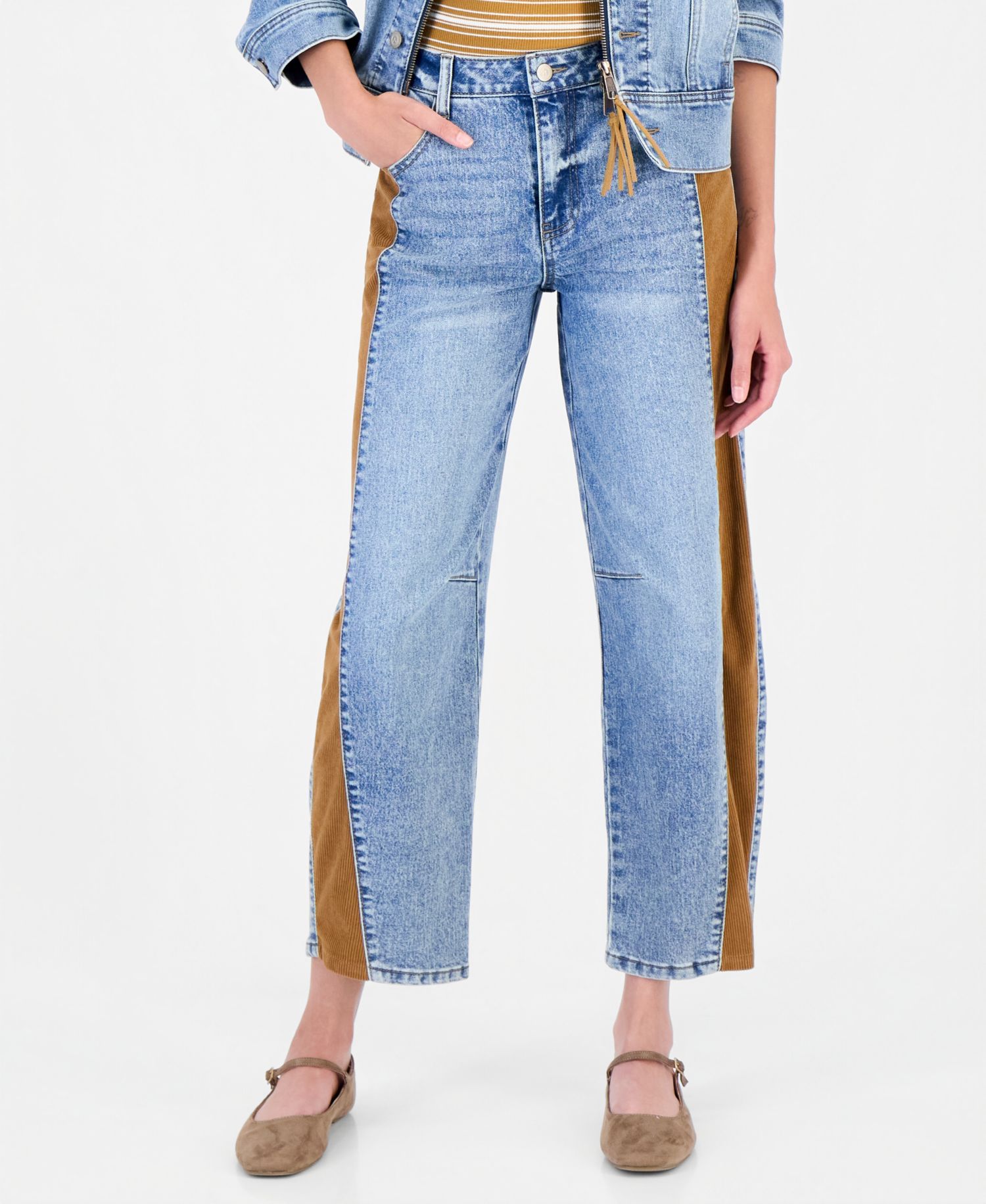 Women's Cord Trim Barrel Leg High-Rise Jeans
