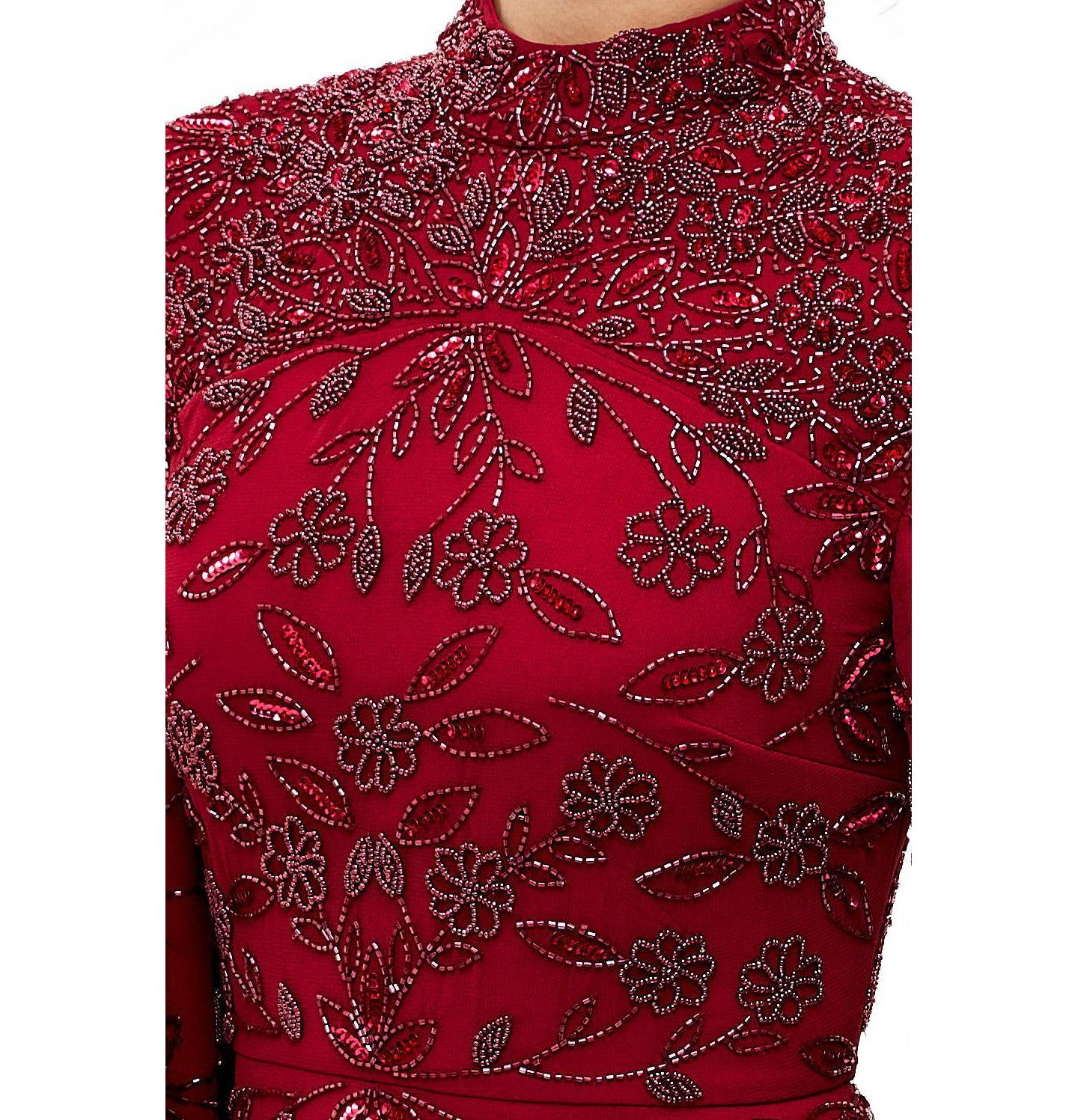 Женские платья Maryisa Modest Embellished Sequins High Neck Gown, цвет: Тёмно-бордовый — фото 3