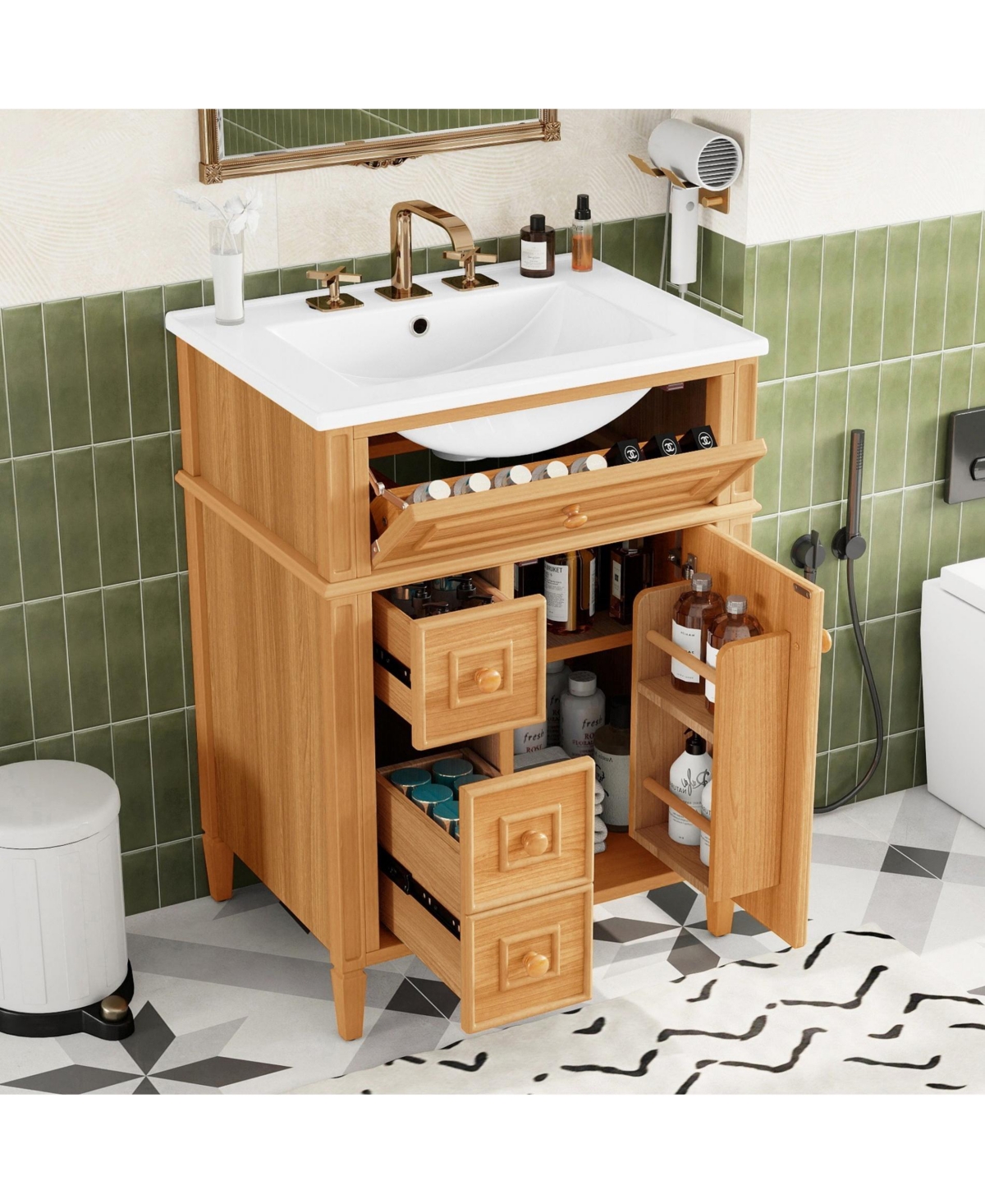 Phying 24 Inch Bathroom Vanity with Sink Solid Wood Vanity Cabinet with Flip Out Drawer 2 Soft Close Drawers Freestanding Bathroom Storage Cabinet