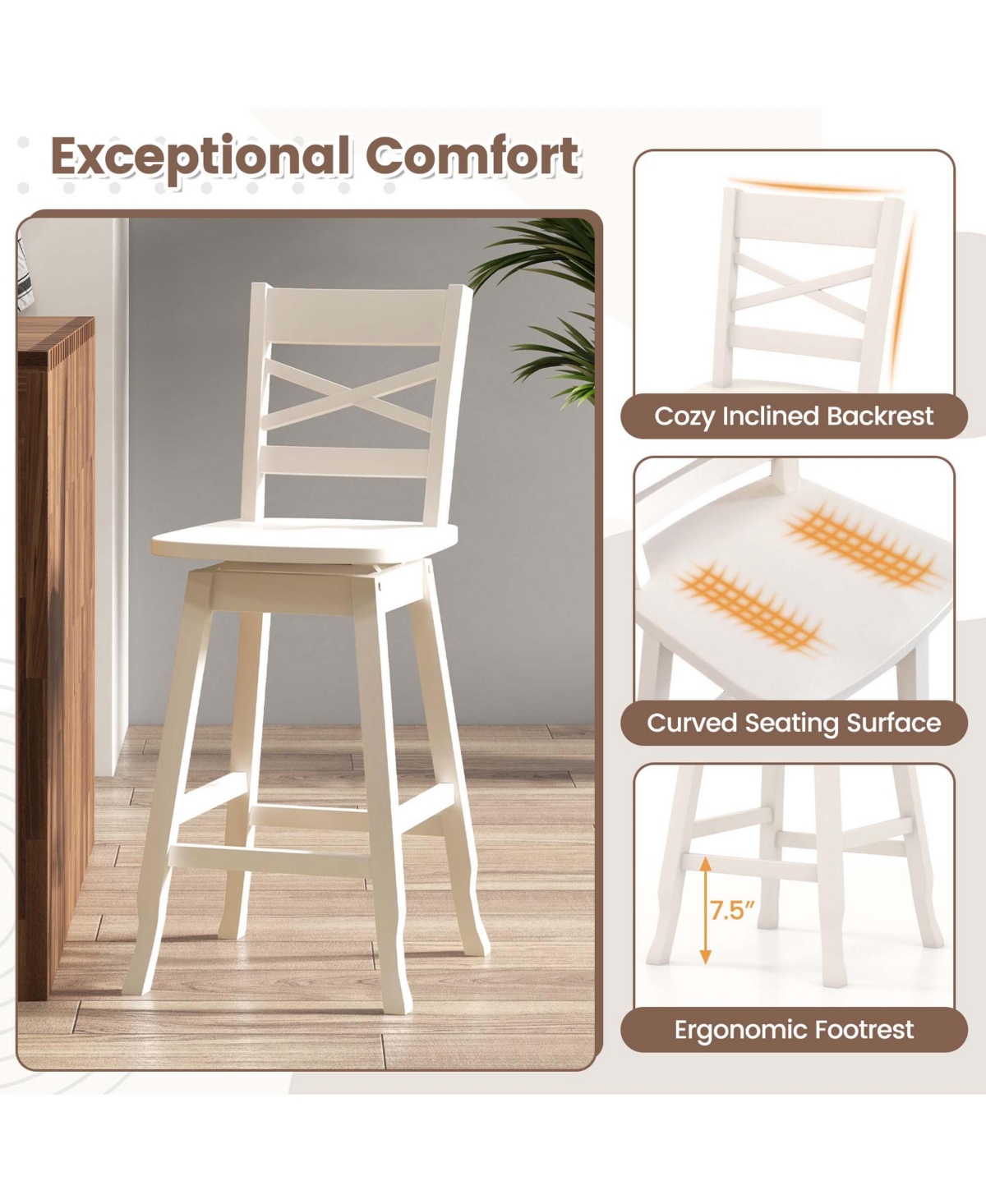 Gymax 4 Pieces 24 Inch Rubber Wood Counter Height Stool Swivel Bar Stool Inclined Backrest