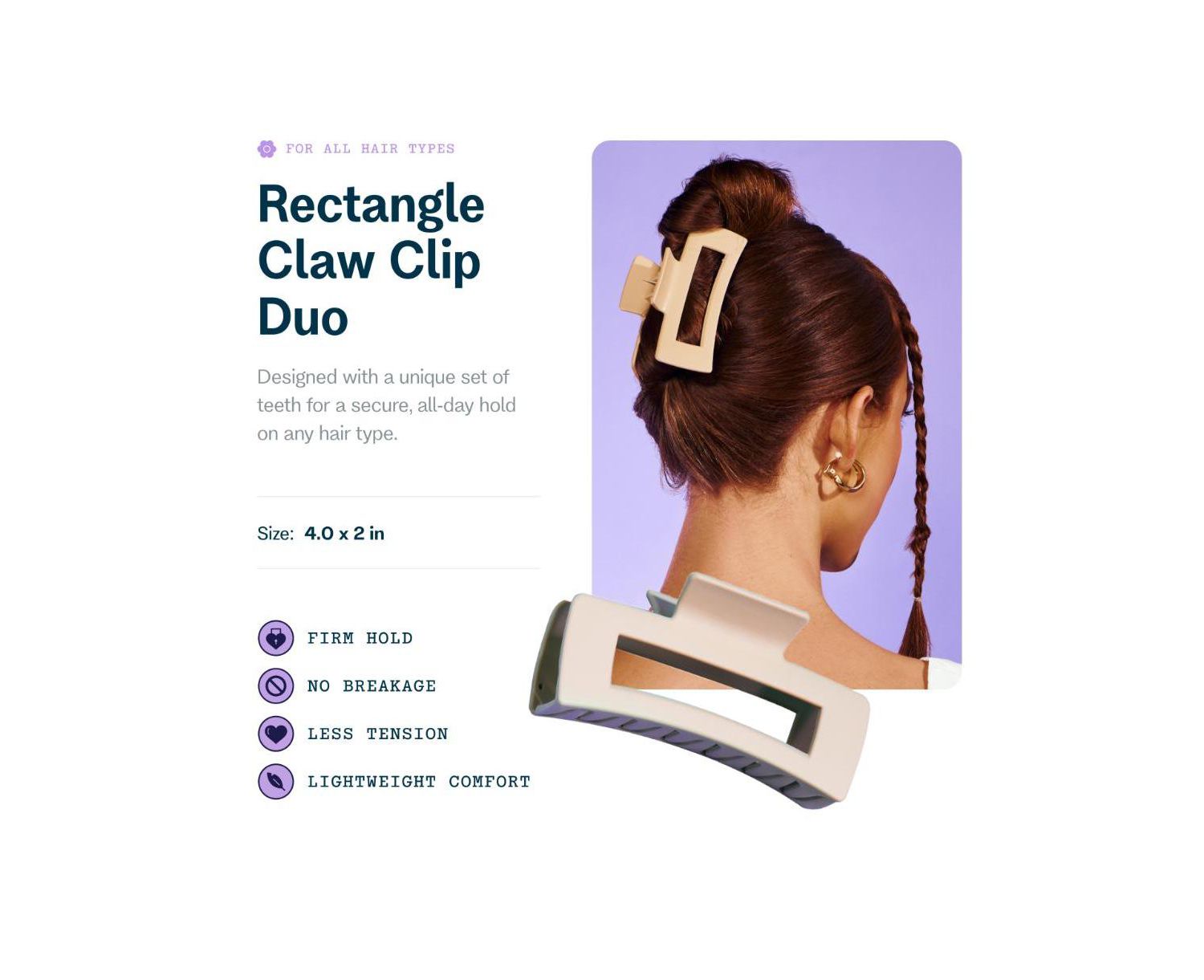 Rectangle Claw Clip Duo - Hair Clips with Velvet-Like Finish for All Hair Types - Women s Claw Clip Set - 2 Pack