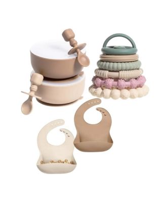 Silicone Baby Feeding Set, Suction Bowls with Lids and Spoons, Waterproof Baby Bibs, Stacking Teether Toys, BPA Free Baby